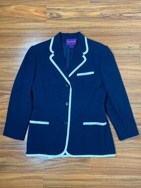 Ralph Lauren Purple Label Navy Blazer with White Piping Wool size 12 Made in USA